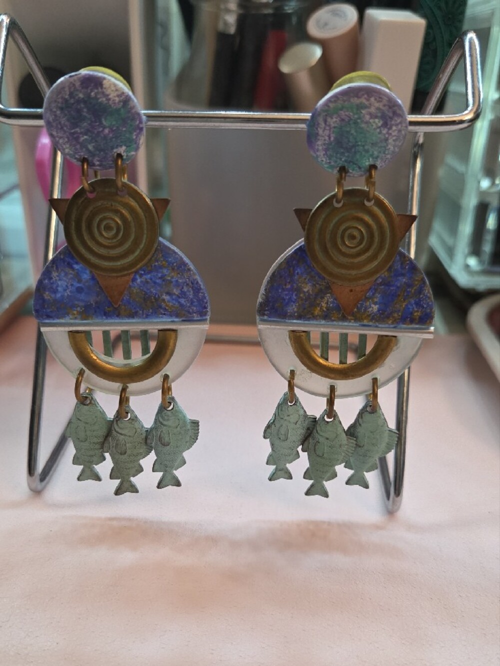 Geometric Mixed-Media Dangle Earrings with Fish Charms - Blue, Green, Brass - Picture 3 of 5